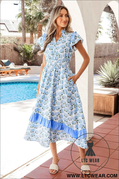 Sky Blue Hydrangea Floral Print Ruffle Trim Flutter Sleeve Long Dress