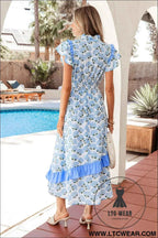 Sky Blue Hydrangea Floral Print Ruffle Trim Flutter Sleeve Long Dress