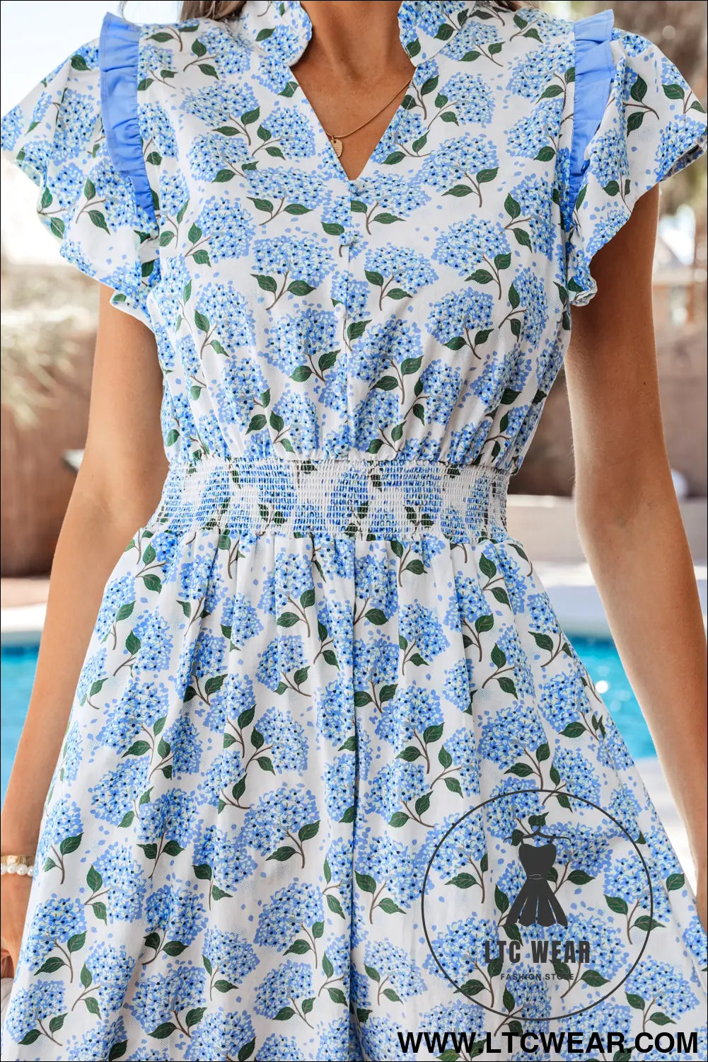 Sky Blue Hydrangea Floral Print Ruffle Trim Flutter Sleeve Long Dress - L.T.C Wear Online Fashion Store