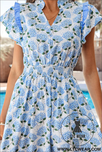 Sky Blue Hydrangea Floral Print Ruffle Trim Flutter Sleeve Long Dress - L.T.C Wear Online Fashion Store