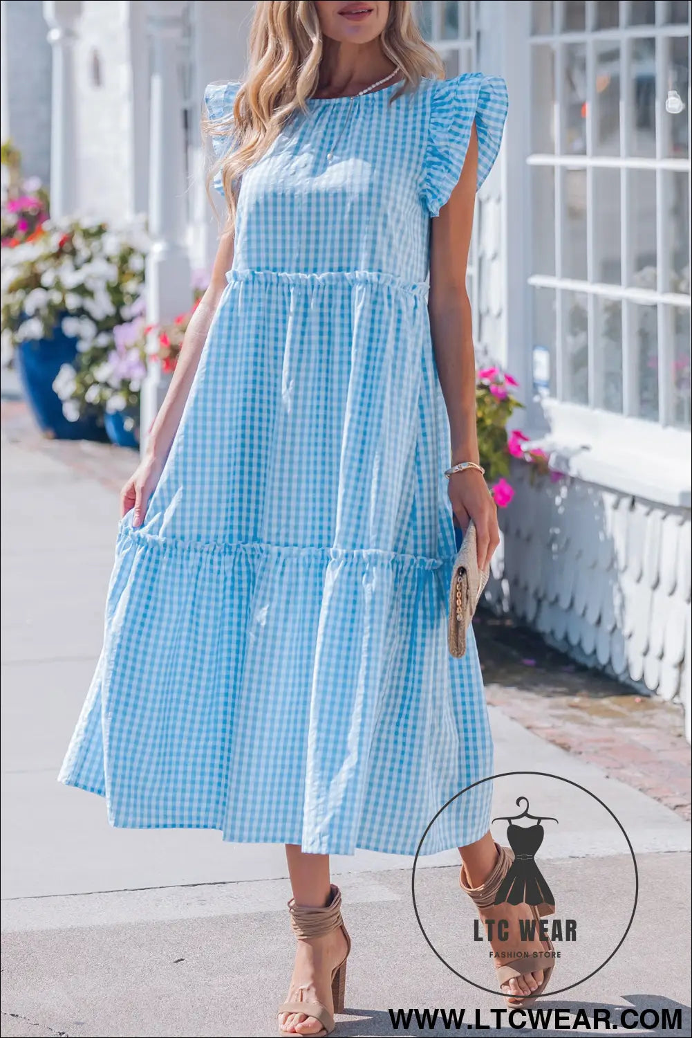 Sky blue knot back ruffled short sleeve gingham maxi dress - maxi dresses