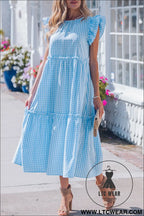 Sky blue knot back ruffled short sleeve gingham maxi dress - maxi dresses