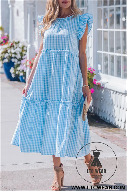 Sky blue knot back ruffled short sleeve gingham maxi dress - maxi dresses