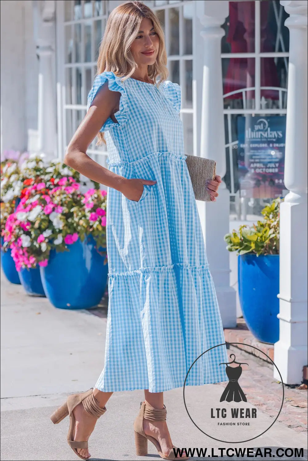 Sky blue knot back ruffled short sleeve gingham maxi dress - maxi dresses