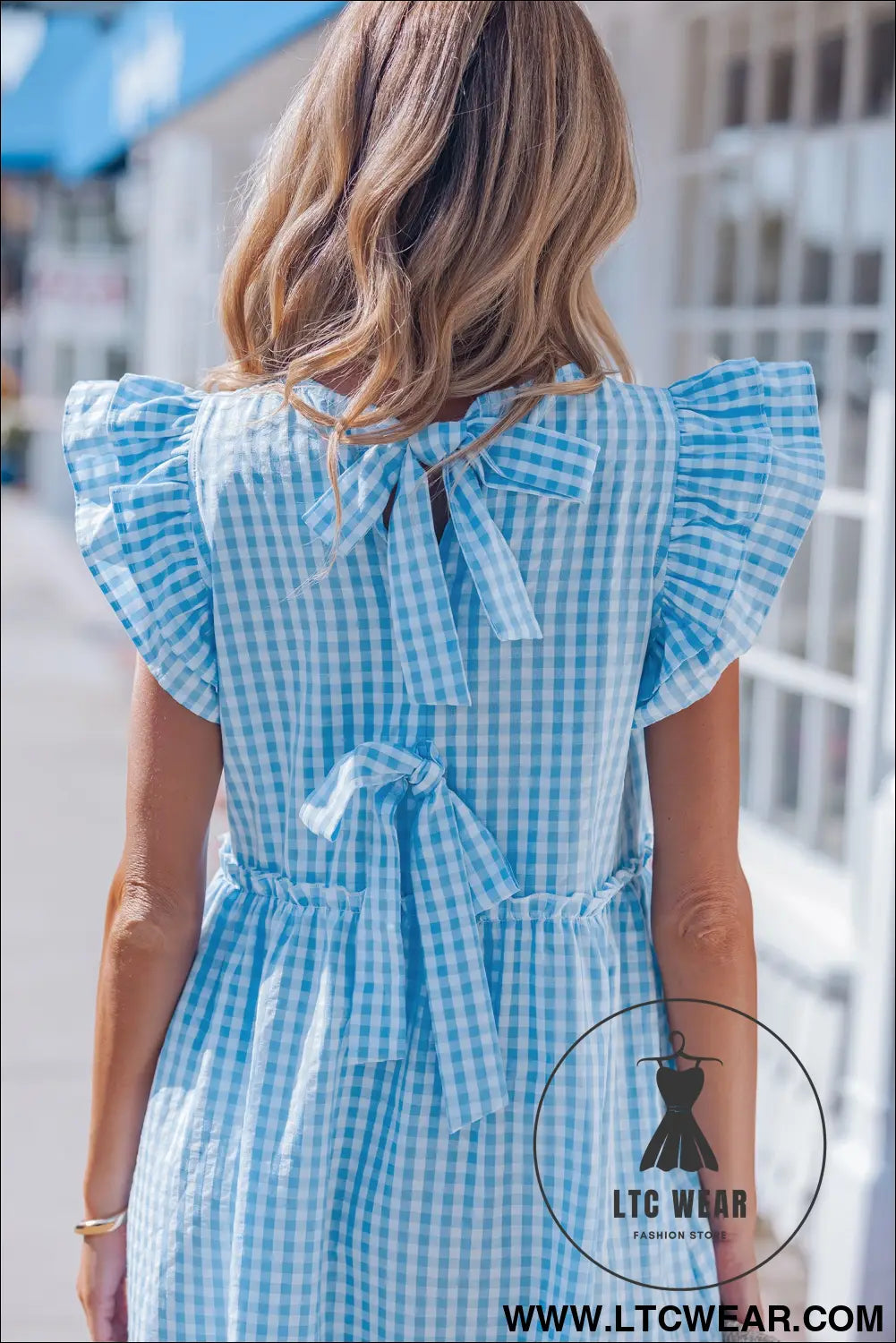 Sky blue knot back ruffled short sleeve gingham maxi dress - maxi dresses