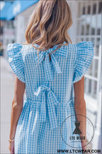 Sky blue knot back ruffled short sleeve gingham maxi dress - maxi dresses