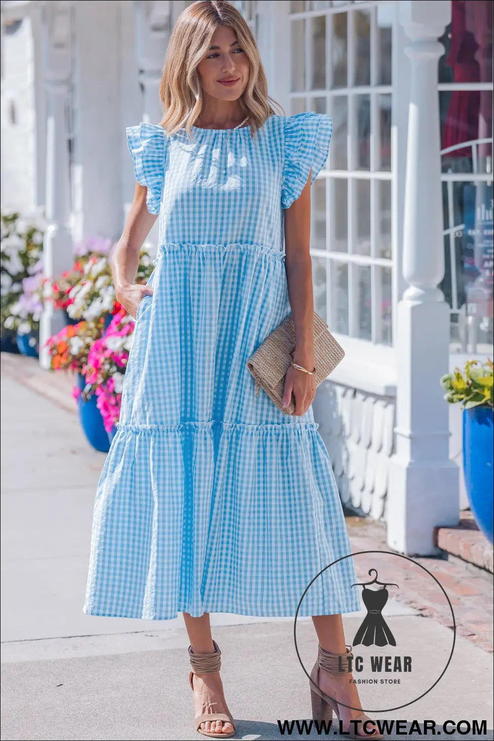 Sky blue knot back ruffled short sleeve gingham maxi dress - maxi dresses