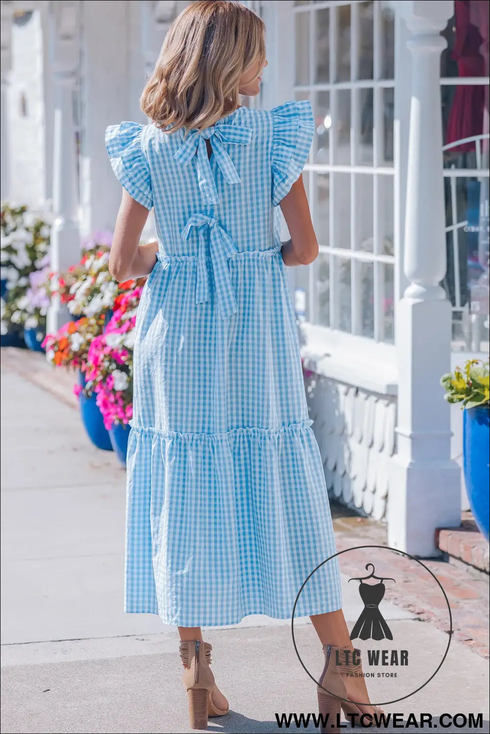 Sky blue knot back ruffled short sleeve gingham maxi dress - maxi dresses