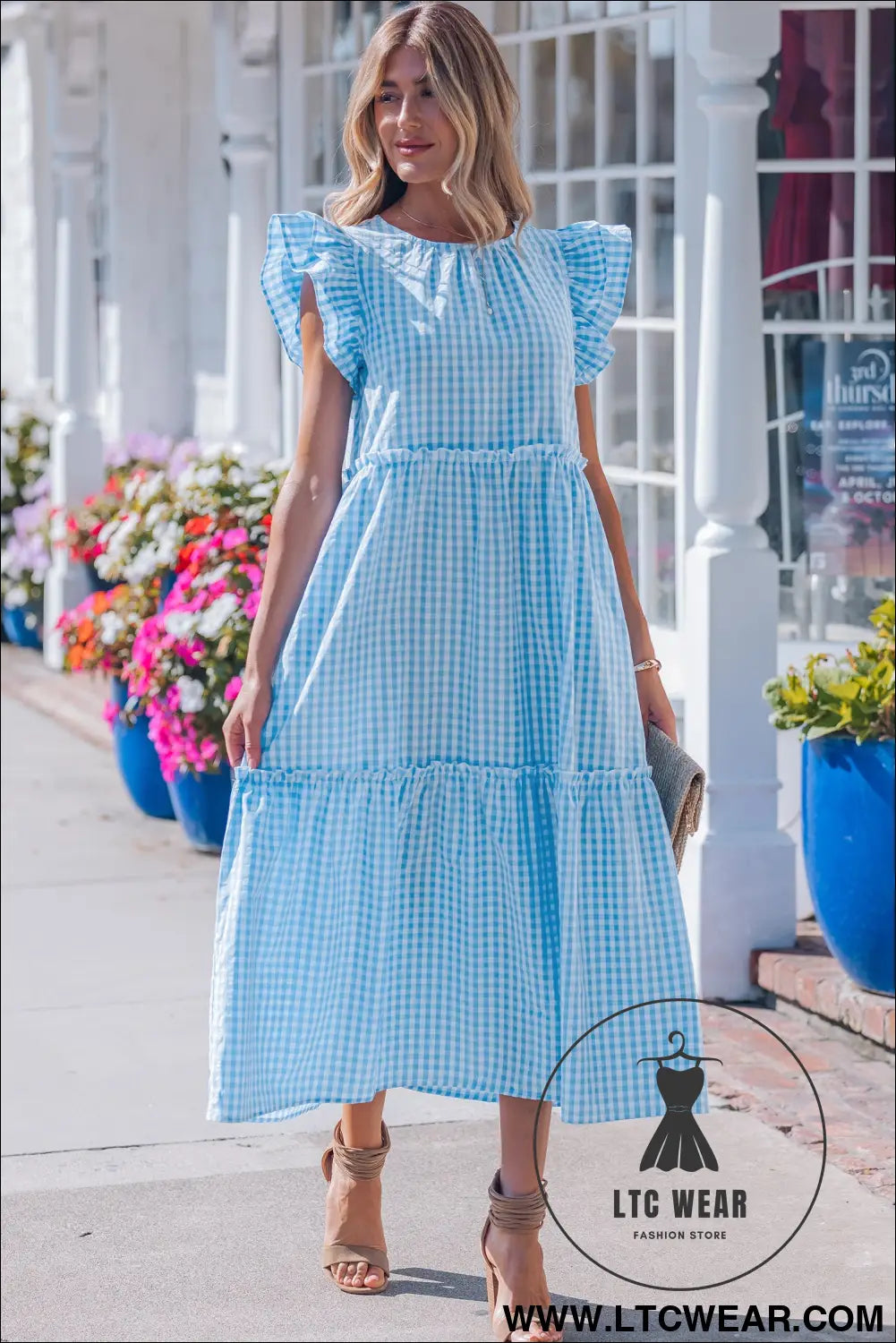 Sky blue knot back ruffled short sleeve gingham maxi dress - maxi dresses