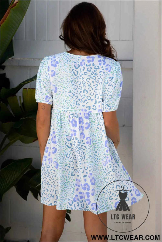 Sky Blue Leopard Contrast Bow Puff Sleeve Mini Dress