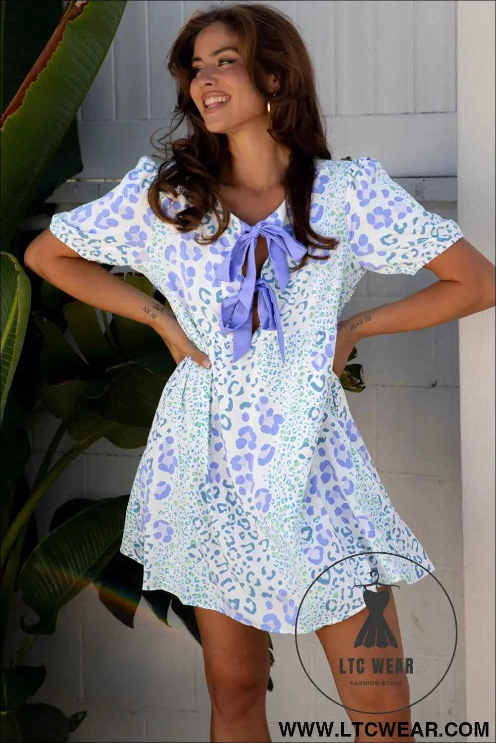 Sky Blue Leopard Contrast Bow Puff Sleeve Mini Dress