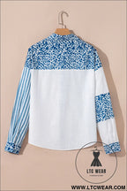 Sky blue leopard striped patchwork button-up shirt shacket - blouses & shirts