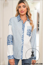 Sky blue leopard striped patchwork button-up shirt shacket - blouses & shirts