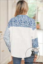 Sky blue leopard striped patchwork button-up shirt shacket - blouses & shirts