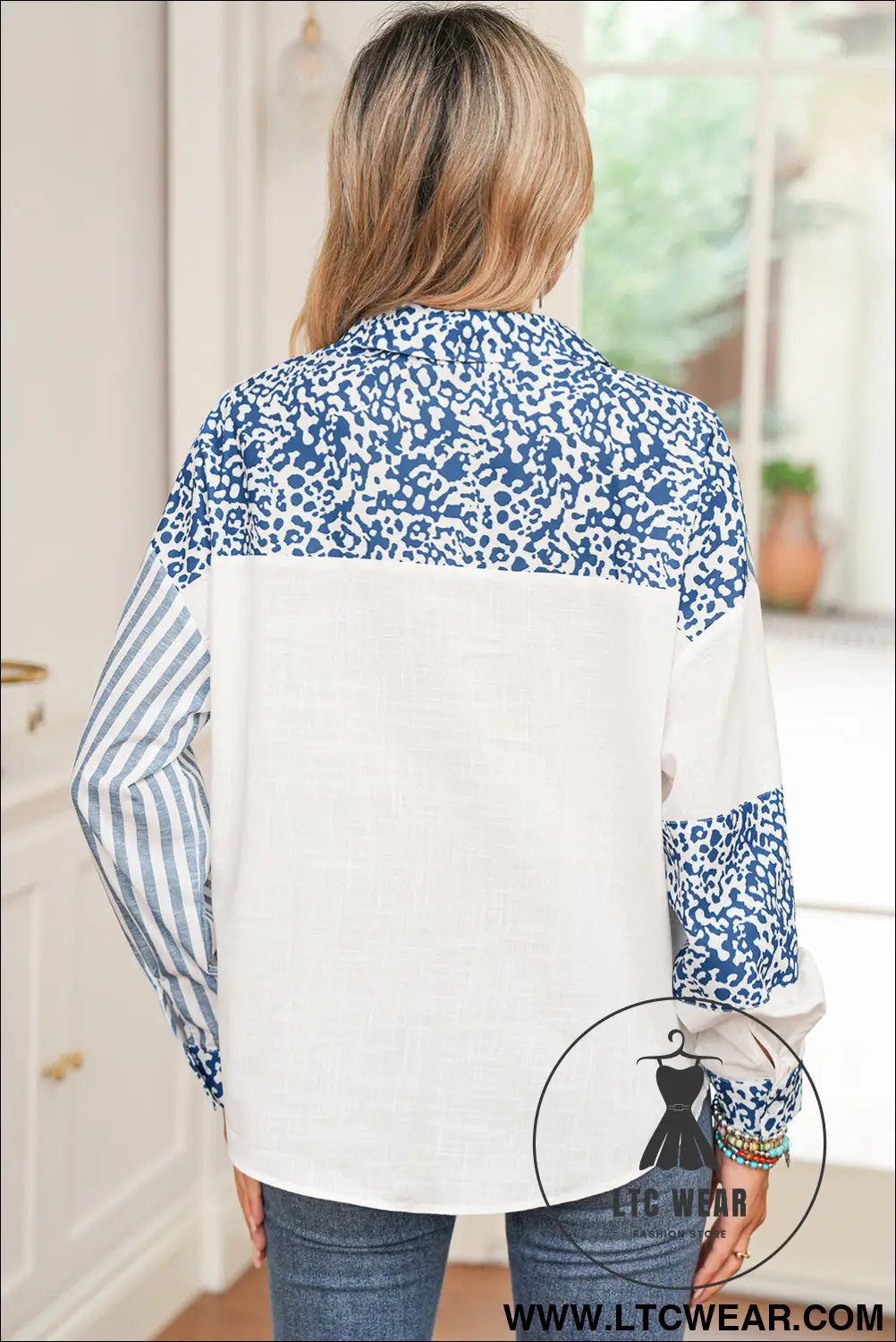 Sky blue leopard striped patchwork button-up shirt shacket - blouses & shirts
