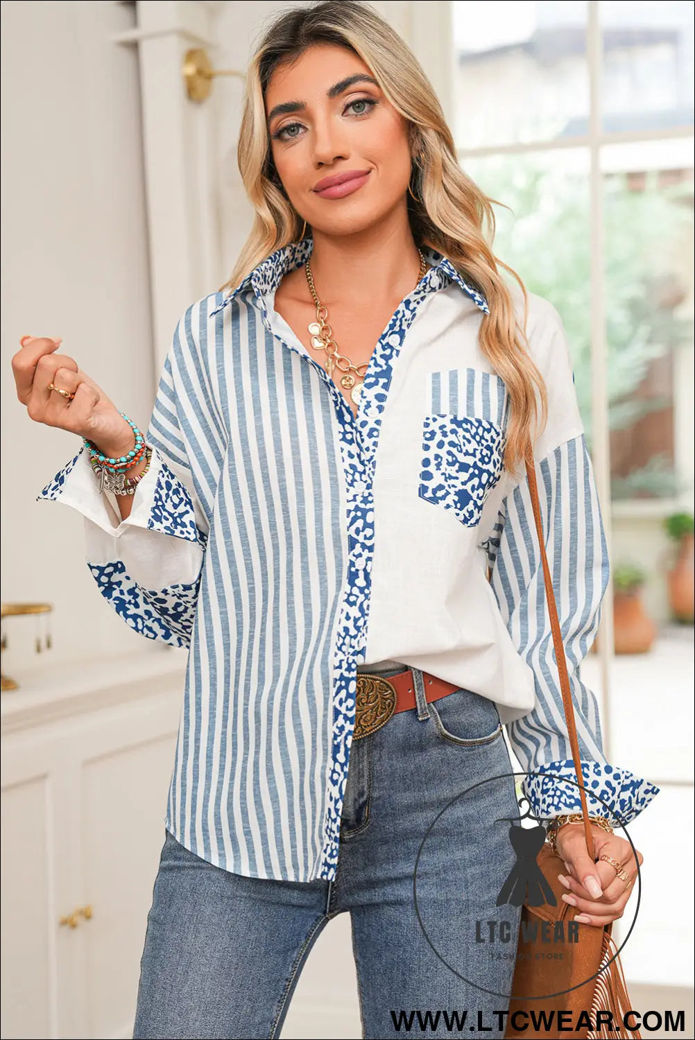 Sky blue leopard striped patchwork button-up shirt shacket - blouses & shirts