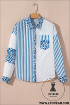 Sky blue leopard striped patchwork button-up shirt shacket - blouses & shirts