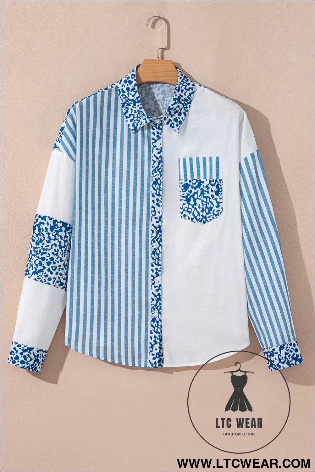 Sky blue leopard striped patchwork button-up shirt shacket - blouses & shirts
