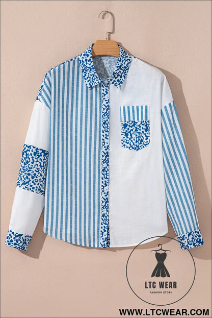 Sky blue leopard striped patchwork button-up shirt shacket - blouses & shirts