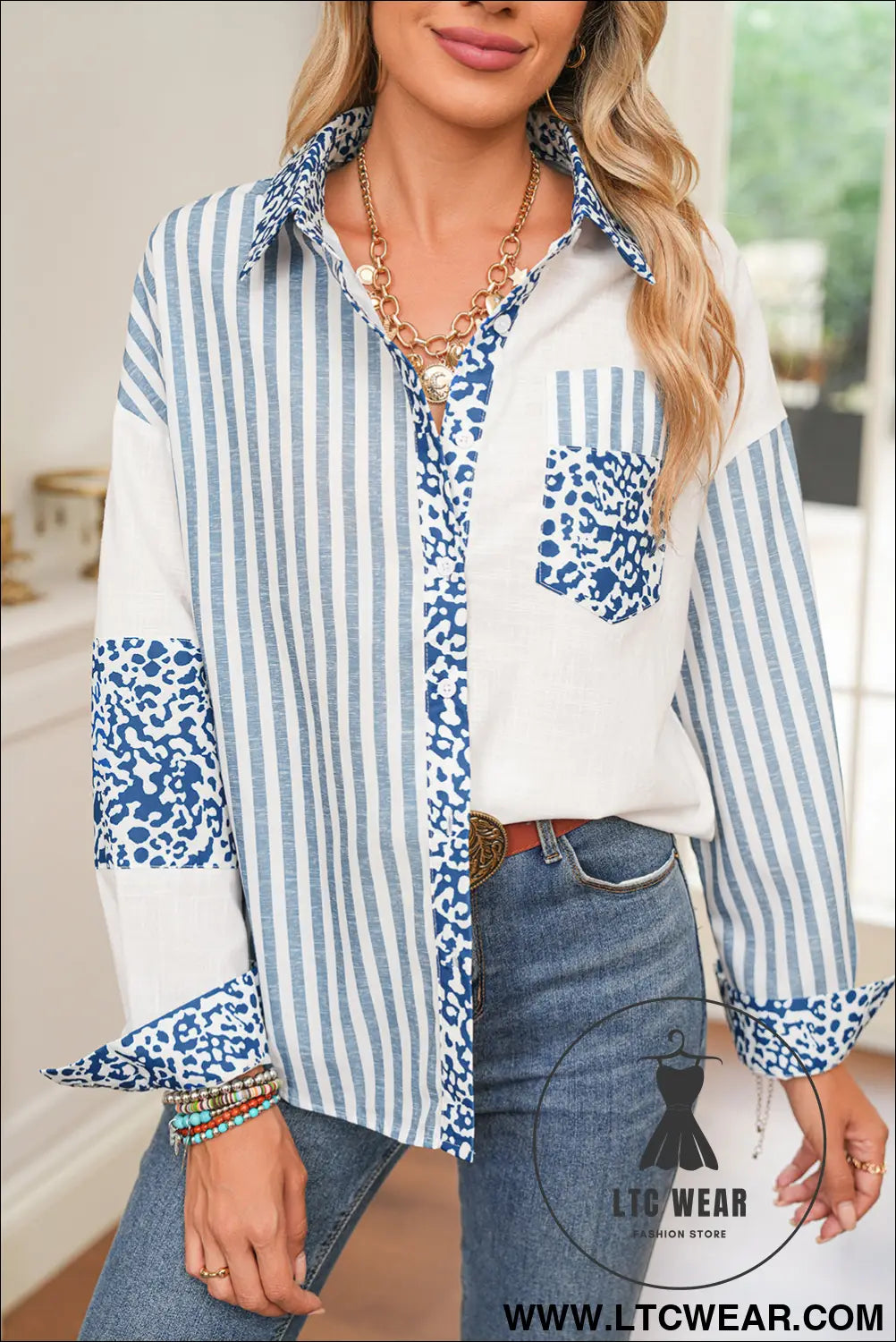 Sky blue leopard striped patchwork button-up shirt shacket - sky blue / l / 100% cotton - blouses & shirts