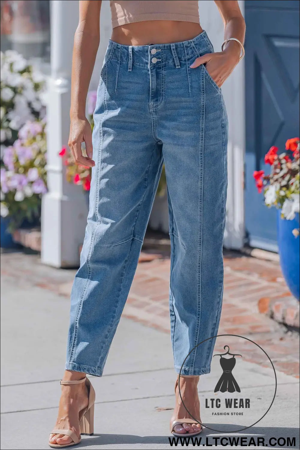 Sky Blue Medium Wash Cuffed Barrel Jeans
