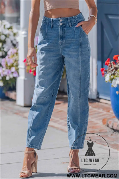 Sky Blue Medium Wash Cuffed Barrel Jeans
