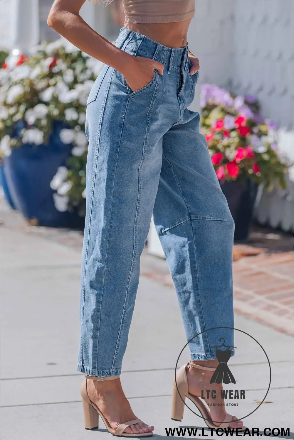 Sky Blue Medium Wash Cuffed Barrel Jeans