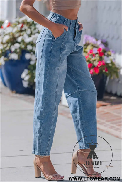 Sky Blue Medium Wash Cuffed Barrel Jeans