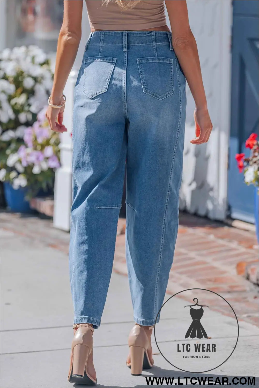 Sky Blue Medium Wash Cuffed Barrel Jeans