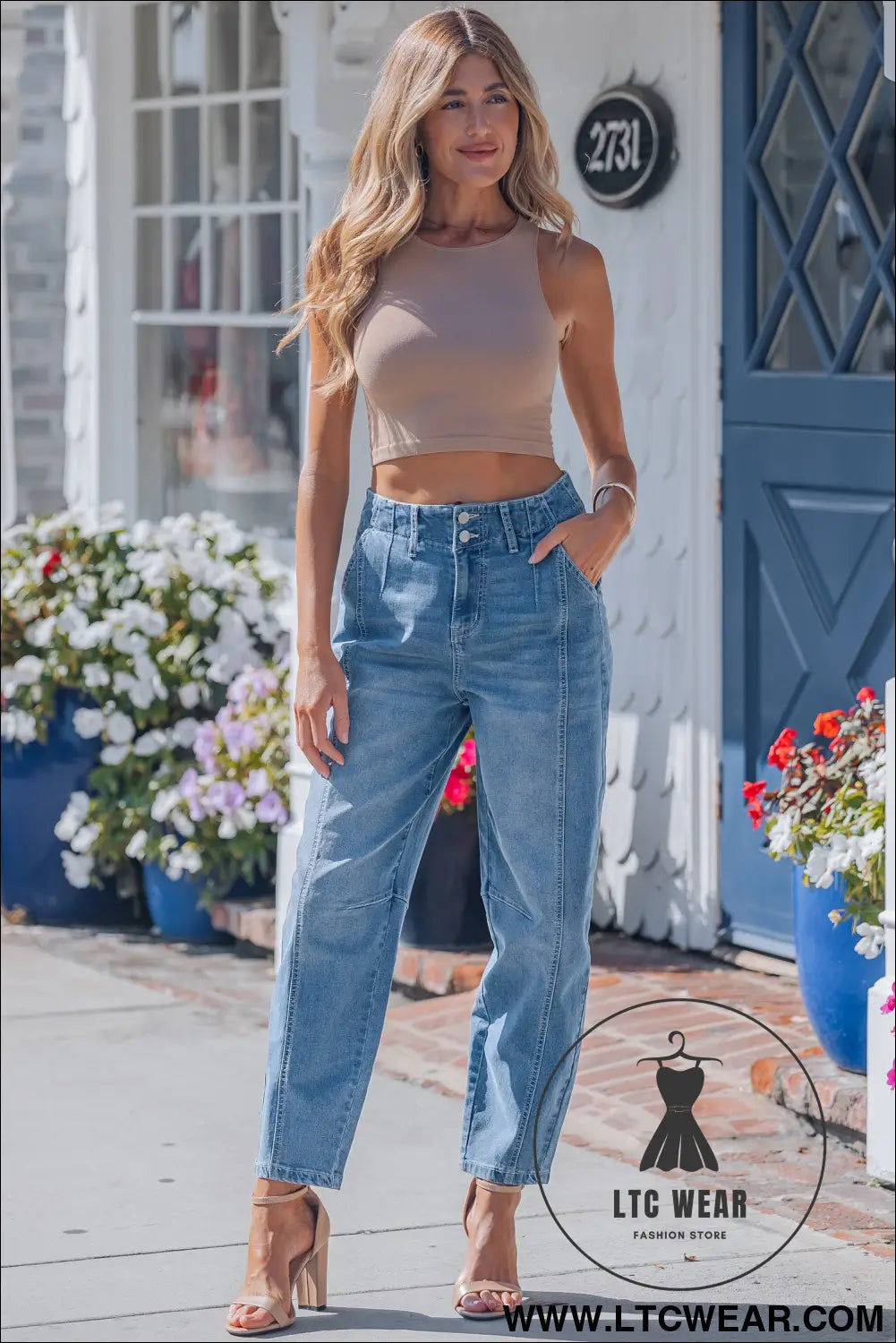 Sky Blue Medium Wash Cuffed Barrel Jeans - L.T.C Wear Online Fashion Store