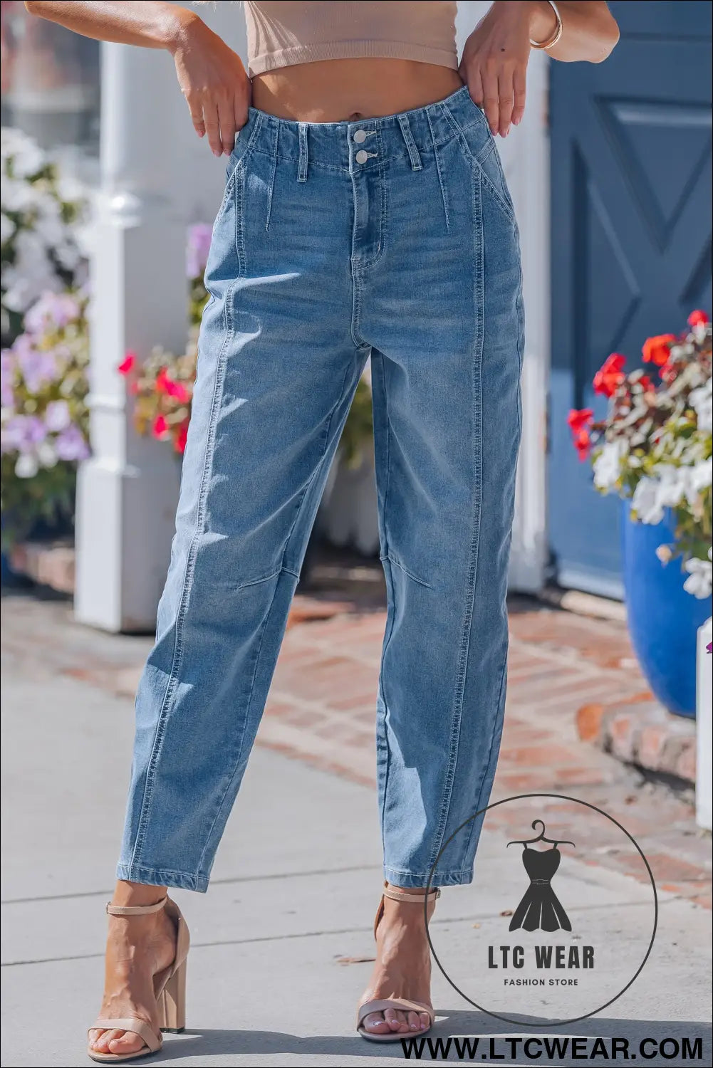 Sky Blue Medium Wash Cuffed Barrel Jeans - L.T.C Wear Online Fashion Store