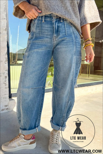 Sky Blue Medium Wash Cuffed Barrel Jeans - L.T.C Wear Online Fashion Store