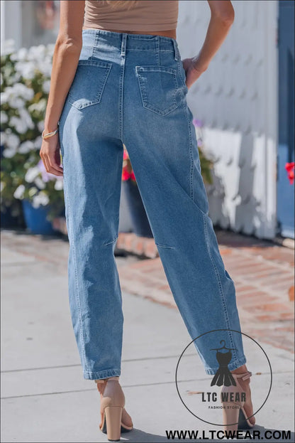 Sky Blue Medium Wash Cuffed Barrel Jeans - L.T.C Wear Online Fashion Store