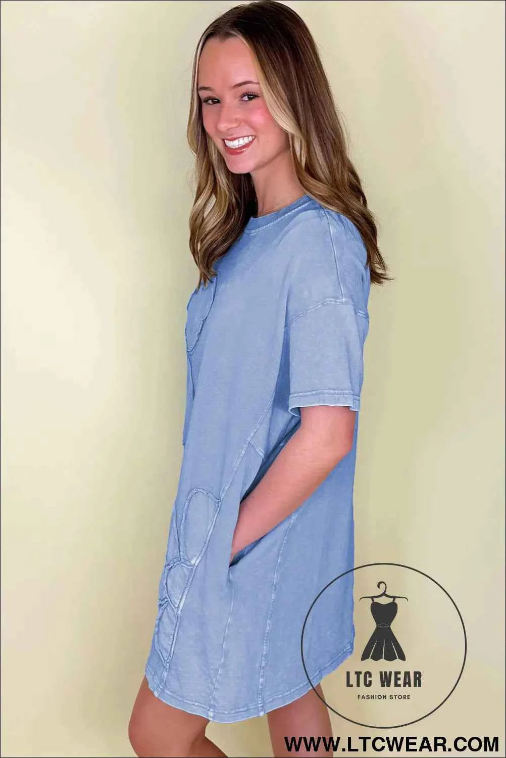 Sky Blue Mineral Wash Flower Patchwork Mini T Shirt Dress