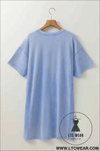 Sky Blue Mineral Wash Flower Patchwork Mini T Shirt Dress