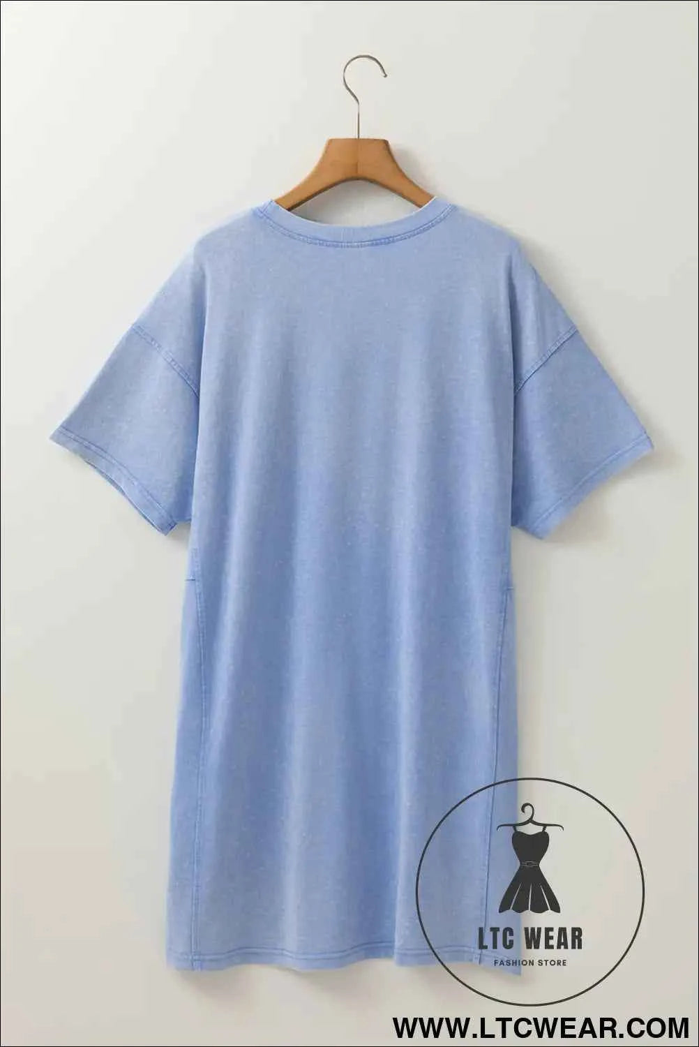 Sky Blue Mineral Wash Flower Patchwork Mini T Shirt Dress