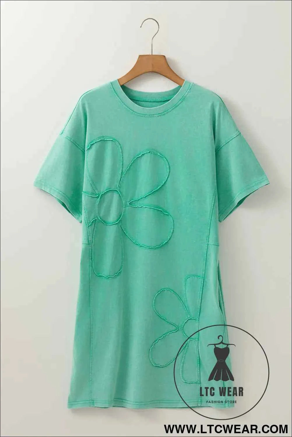 Sky Blue Mineral Wash Flower Patchwork Mini T Shirt Dress
