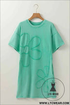 Sky Blue Mineral Wash Flower Patchwork Mini T Shirt Dress