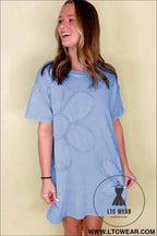 Sky Blue Mineral Wash Flower Patchwork Mini T Shirt Dress