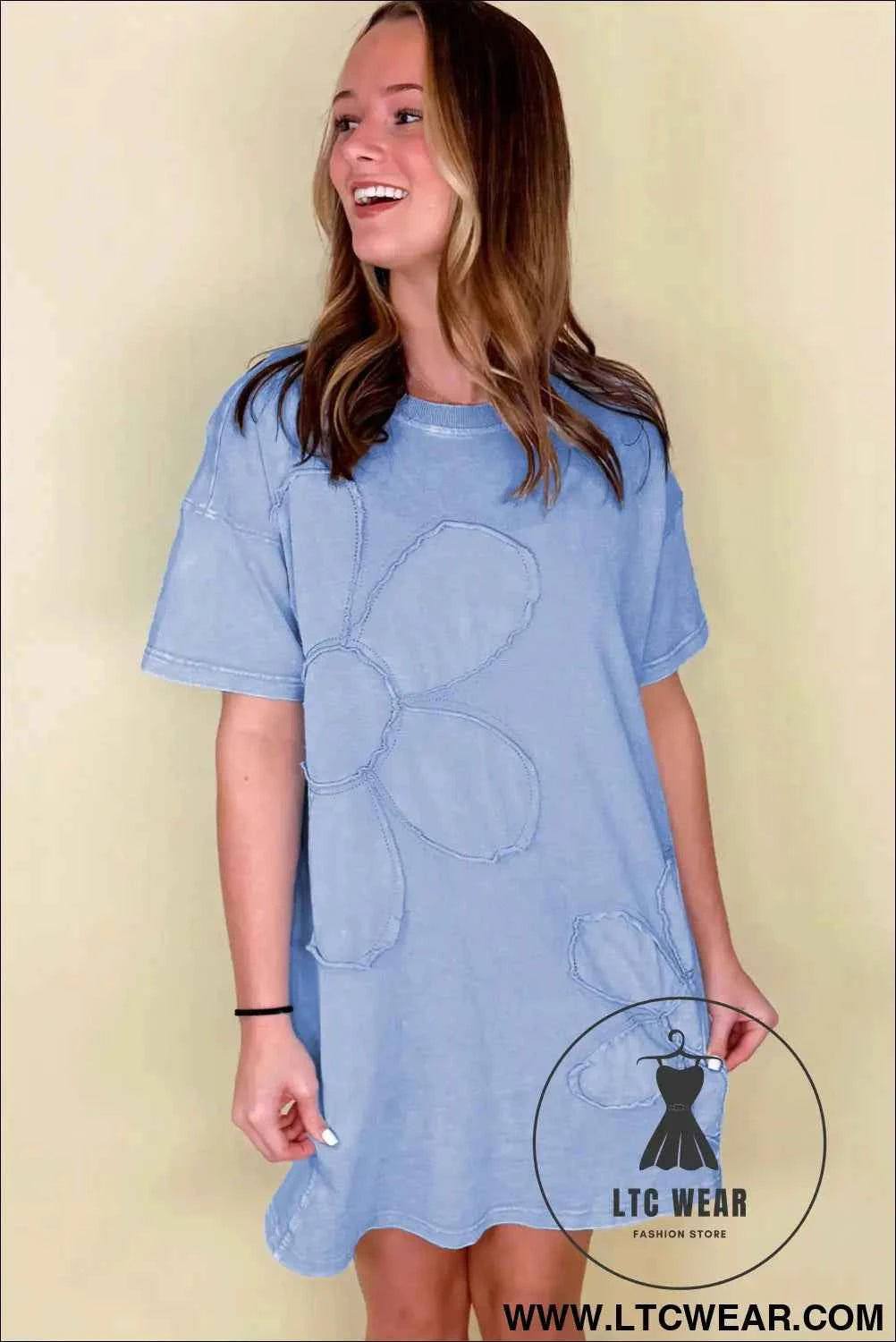 Sky Blue Mineral Wash Flower Patchwork Mini T Shirt Dress