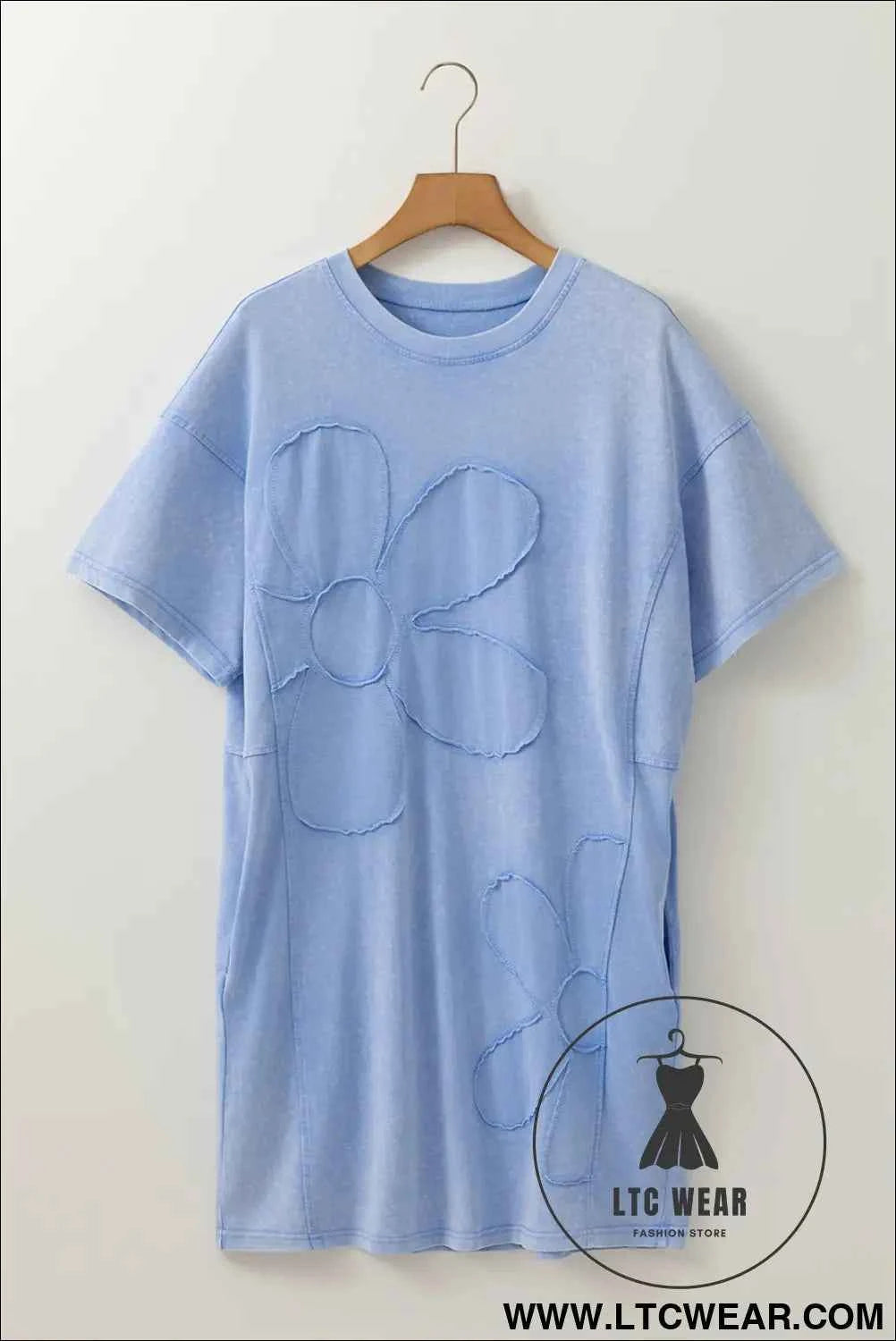Sky Blue Mineral Wash Flower Patchwork Mini T Shirt Dress
