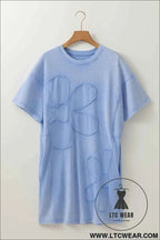Sky Blue Mineral Wash Flower Patchwork Mini T Shirt Dress