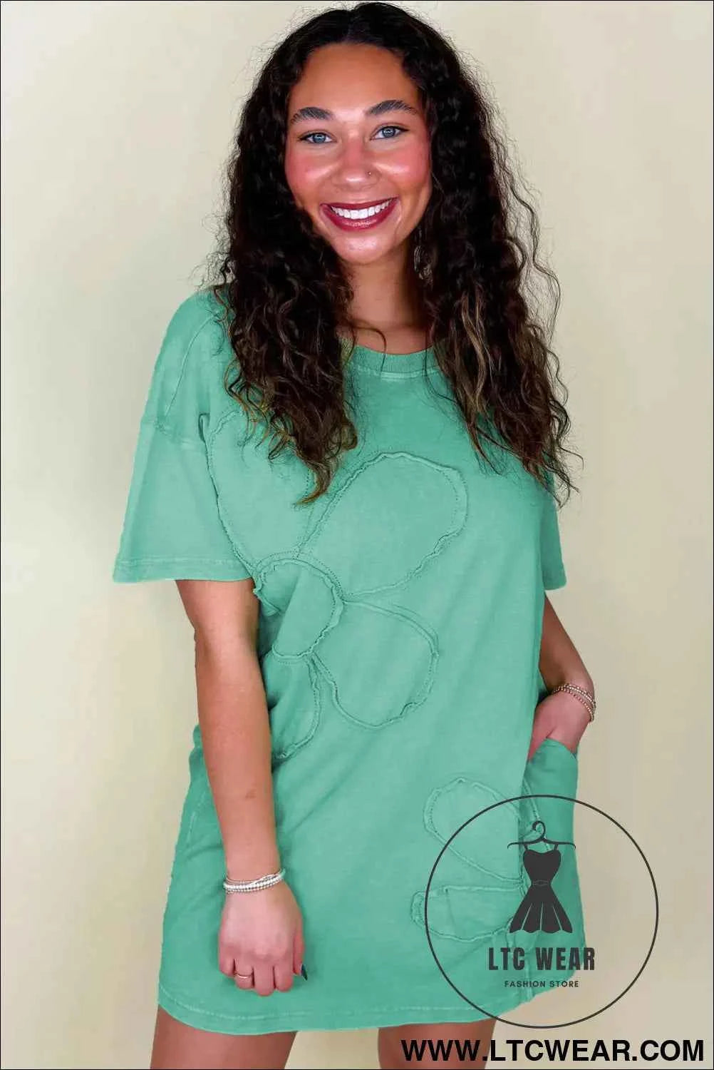 Sky Blue Mineral Wash Flower Patchwork Mini T Shirt Dress