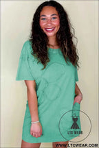 Sky Blue Mineral Wash Flower Patchwork Mini T Shirt Dress