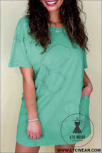 Sky Blue Mineral Wash Flower Patchwork Mini T Shirt Dress
