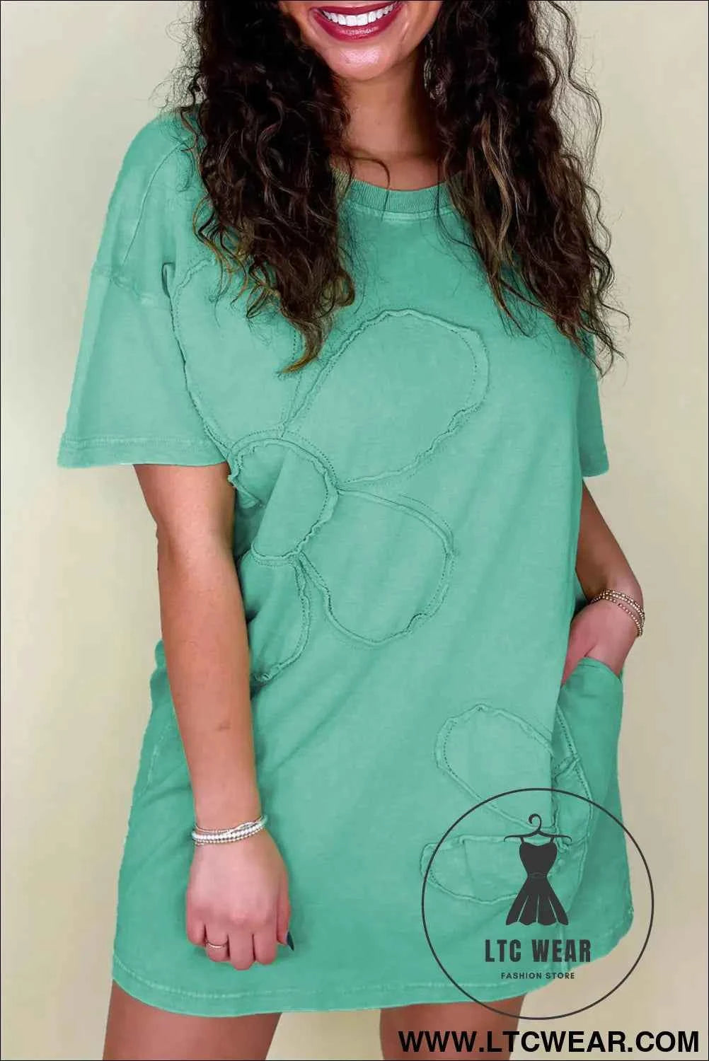 Sky Blue Mineral Wash Flower Patchwork Mini T Shirt Dress