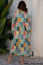 Sky Blue Mix Floral Checkered Pattern Bubble Sleeve Ruffle Hem Dress