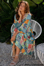 Sky Blue Mix Floral Checkered Pattern Bubble Sleeve Ruffle Hem Dress