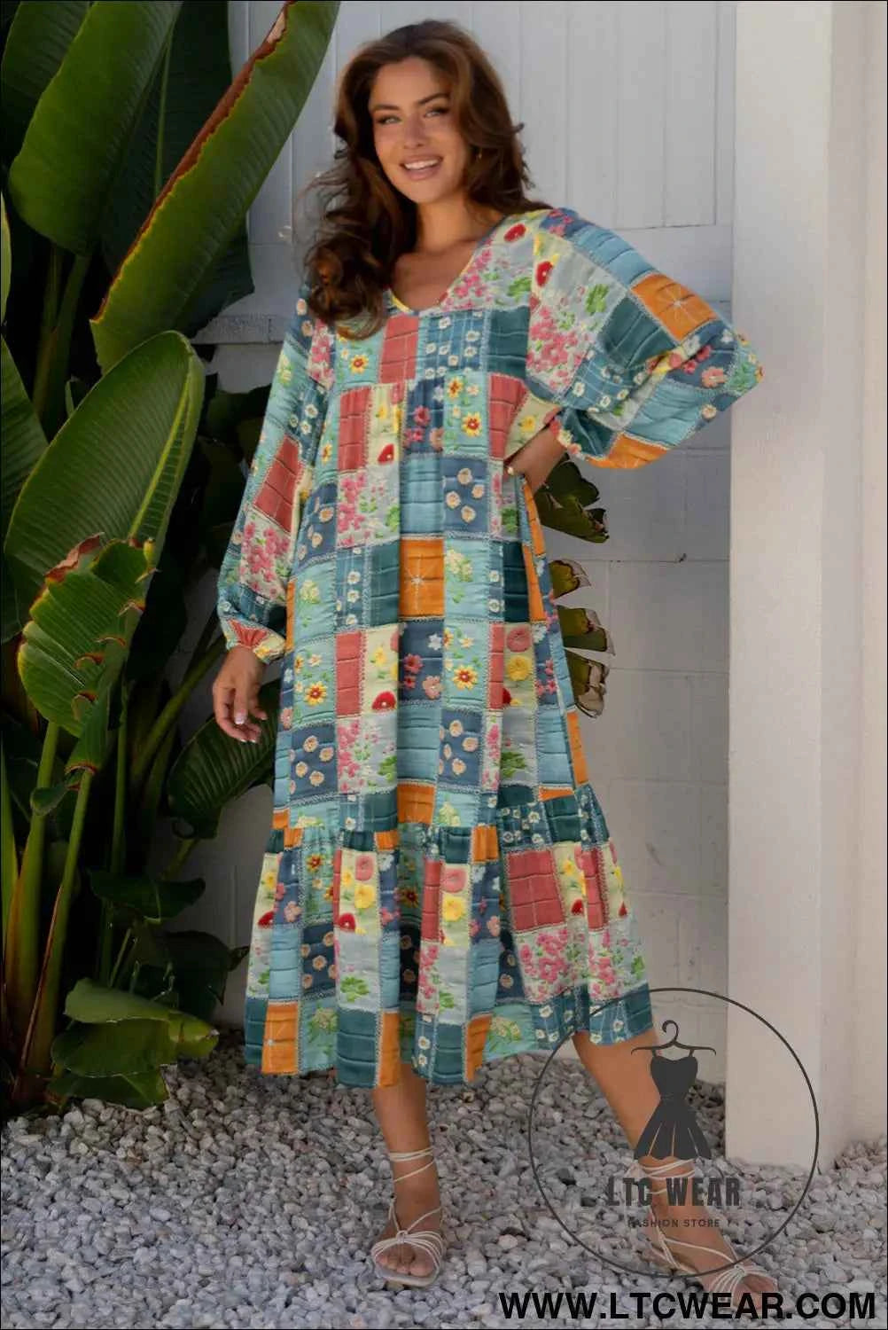 Sky Blue Mix Floral Checkered Pattern Bubble Sleeve Ruffle Hem Dress