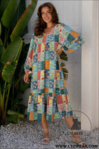 Sky Blue Mix Floral Checkered Pattern Bubble Sleeve Ruffle Hem Dress